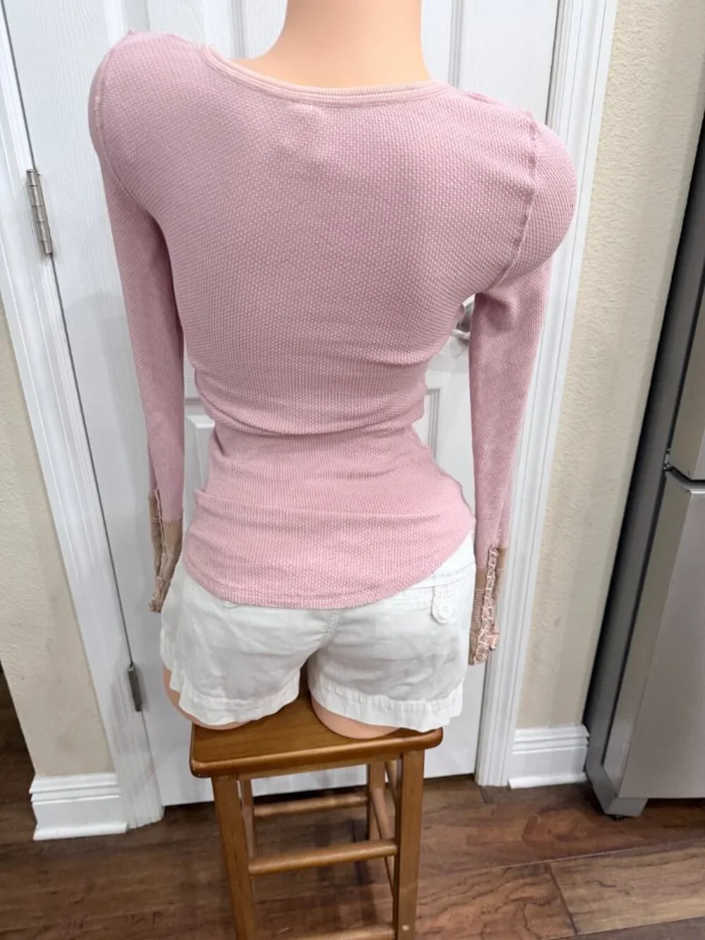 Free People We The Free Blush Pink Thermal Top Embroidered Mixed Media Cuffs XS